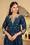 Hasrat By Salma_Blue Kurta And Pant Chanderi Embroidery Floral Notched Resham Gathered & Set _at_Aza_Fashions