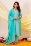 Buy_Missprint_Blue Kurta Chanderi Silk Embroidered Thread V Neck Aqua Breeze Neckline Set _at_Aza_Fashions