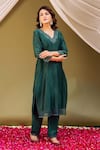 Shop_Missprint_Green Kurta Chanderi Silk Embroidered Applique V Neck Regal Forest Set _Online_at_Aza_Fashions