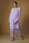 Buy_Inkpikle_Purple Handwoven Cotton Print Parijath High Closed Round Neck Kurta With Pant _at_Aza_Fashions