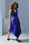 Inkpikle_Blue Handwoven Mulberry Silk Ombre V Neck Wrap Style Handkerchief Hem Midi Dress _Online_at_Aza_Fashions