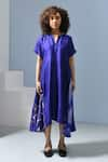 Inkpikle_Blue Handwoven Mulberry Silk Print Tie Dye Split V Asymmetric Panel Midi Dress _Online_at_Aza_Fashions