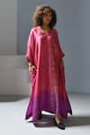 Inkpikle_Pink Handwoven Mulberry Silk Ombre Abstract V Neck Print Maxi Dress _Online_at_Aza_Fashions