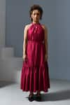 Inkpikle_Maroon Handspun Mulberry Silk Printed Abstract Round Tiered Dress _Online_at_Aza_Fashions