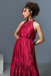 Shop_Inkpikle_Maroon Handspun Mulberry Silk Printed Abstract Round Tiered Dress _Online_at_Aza_Fashions