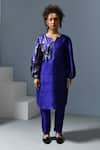 Inkpikle_Blue Handspun Mulberry Silk Printed Mogra Notched Placed Panel Kurta With Pant _Online_at_Aza_Fashions