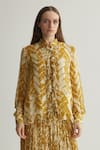 Shop_KoAi_Yellow Georgette Print Chevron Mandarin Collar Shirt _Online_at_Aza_Fashions