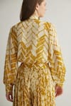 KoAi_Yellow Georgette Print Chevron Mandarin Collar Shirt _at_Aza_Fashions