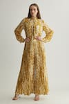 Buy_Koai_Mustard Georgette Print Chevron Beige Flared Pant _at_Aza_Fashions