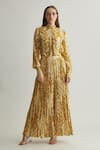 Buy_Koai_Mustard Georgette Print Chevron Beige Flared Pant _Online_at_Aza_Fashions