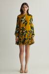 Buy_KoAi_Yellow Georgette Print Floral Mandarin Collar Frill Dress _at_Aza_Fashions
