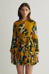 KoAi_Yellow Georgette Print Floral Mandarin Collar Frill Dress _Online_at_Aza_Fashions