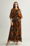 Buy_KoAi_Black Chiffon Print Floral Round Rust Kaftan _at_Aza_Fashions