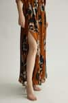 KoAi_Black Chiffon Print Floral Round Rust Kaftan _at_Aza_Fashions
