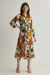 KoAi_Orange Muslin Cotton Silk Print Floral Shirt Collar Tie-up Dress _Online_at_Aza_Fashions