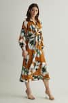 Shop_KoAi_Orange Muslin Cotton Silk Print Floral Shirt Collar Tie-up Dress _Online_at_Aza_Fashions