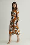 KoAi_Orange Muslin Cotton Silk Print Floral Shirt Collar Tie-up Dress _at_Aza_Fashions