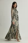 Shop Koai White Chiffon Open Neck Black Chevron Print Tiered Maxi Dress Online at Aza Fashions Shop_Koai_White Chiffon Open Neck Black Chevron Print Tiered Maxi Dress _Online_at_Aza_Fashions
