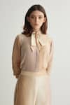 Buy_KoAi_Beige Muslin Cotton Silk Ombre Tie-up Neck Shirt _at_Aza_Fashions