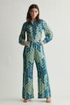 KoAi_Blue Muslin Cotton Silk Print Chevron Trouser _Online_at_Aza_Fashions