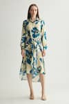 Buy_Koai_Blue Muslin, Cotton, Silk Embroidery Floral Print Balloon Sleeve Shirt Dress _at_Aza_Fashions