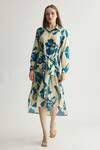 Shop_Koai_Blue Muslin, Cotton, Silk Embroidery Floral Print Balloon Sleeve Shirt Dress _Online_at_Aza_Fashions