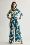 Buy_Koai_Blue Muslin Cotton Silk Print Floral Flared Trouser _at_Aza_Fashions