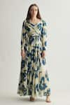 Buy_Koai_Blue Chiffon Sweetheart Neck Floral Print Maxi Dress With Balloon Sleeves _at_Aza_Fashions