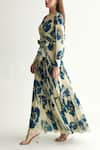 Koai_Blue Chiffon Sweetheart Neck Floral Print Maxi Dress With Balloon Sleeves _Online_at_Aza_Fashions
