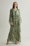 Buy_KoAi_Green Chiffon Print Chevron V Neck Kaftan _at_Aza_Fashions