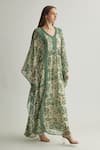 KoAi_Green Chiffon Print Chevron V Neck Kaftan _at_Aza_Fashions