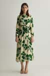 Buy_KoAi_Green Muslin Cotton Silk Print Bloom Band Collar Midi Dress _at_Aza_Fashions