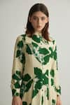 KoAi_Green Muslin Cotton Silk Print Bloom Band Collar Midi Dress _Online_at_Aza_Fashions