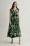 Buy_KoAi_Green Chiffon Print Fleur V Neck Ruffled Midi Dress _at_Aza_Fashions