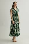 Shop_KoAi_Green Chiffon Print Fleur V Neck Ruffled Midi Dress _Online_at_Aza_Fashions