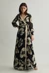 Buy_KoAi_Black Georgette Printed Floral V Neck Pattern Tie-up Maxi Dress _at_Aza_Fashions