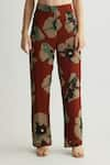 KoAi_Brown Chiffon Floral Print Straight Pant _Online_at_Aza_Fashions