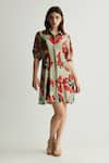 Buy_KoAi_Green Muslin Cotton Silk Collared Floral Pattern Short Shirt Dress _at_Aza_Fashions