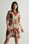 KoAi_Green Muslin Cotton Silk Collared Floral Pattern Short Shirt Dress _Online_at_Aza_Fashions