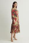 Buy_KoAi_Beige Chiffon Round Floral Pattern Tiered Midi Dress _Online_at_Aza_Fashions