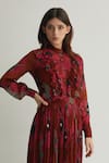 KoAi_Red Chiffon High Round Floral Pattern Frilled Top _at_Aza_Fashions