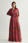 Buy_KoAi_Red Muslin Cotton Silk Collared Floral Pattern Gathered Dress _at_Aza_Fashions