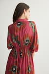 Buy_KoAi_Red Muslin Cotton Silk Collared Floral Pattern Gathered Dress 