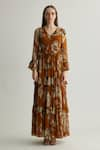 Buy_KoAi_Beige Chiffon Print Floral Round Ruffle Dress _Online_at_Aza_Fashions