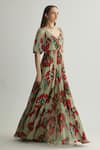 KoAi_Beige Chiffon Print Floral Leaf Tiered Dress _Online_at_Aza_Fashions