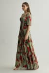 Shop_KoAi_Beige Chiffon Print Floral Leaf Tiered Dress _Online_at_Aza_Fashions