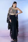 Buy_Samyukta Singhania_Black Georgette Embroidered Zari One-shoulder Blouse Skirt Set _at_Aza_Fashions