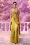 Buy_Label Ankush Jain_Yellow Pre-draped Saree Georgette Florence Jaali Cutwork With Corset Blouse _at_Aza_Fashions