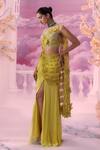 Label Ankush Jain_Yellow Pre-draped Saree Georgette Florence Jaali Cutwork With Corset Blouse _Online_at_Aza_Fashions