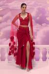 Buy_Label Ankush Jain_Red Tulle Embroidery Dori Poo Bloom Corset Blouse And Draped Sharara Pant Set _at_Aza_Fashions